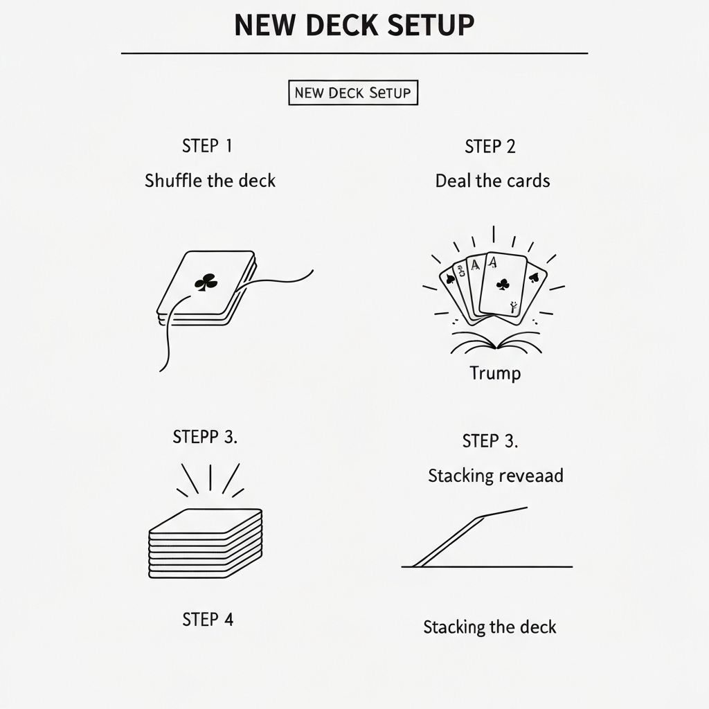 Four-step deck setup diagram showing shuffle, deal, reveal trump, and stack stock