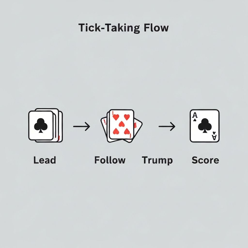 Four-step gameplay flow diagram showing lead, follow suit, trump, and score actions